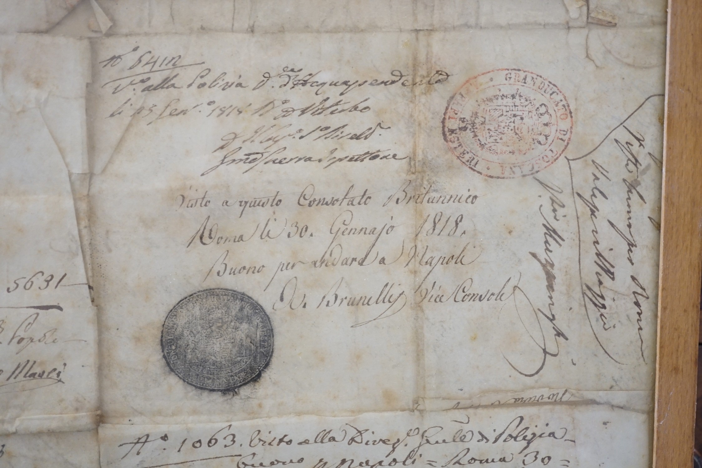 A framed quantity of historical ambassadorial documents relating to The right honourable Charles Stewart KCB, including passports relating for Paris and Rome c.1818